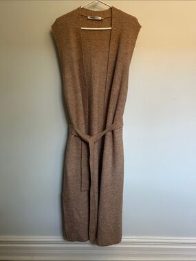 Simons Long Knit Belted Duster — Brown
